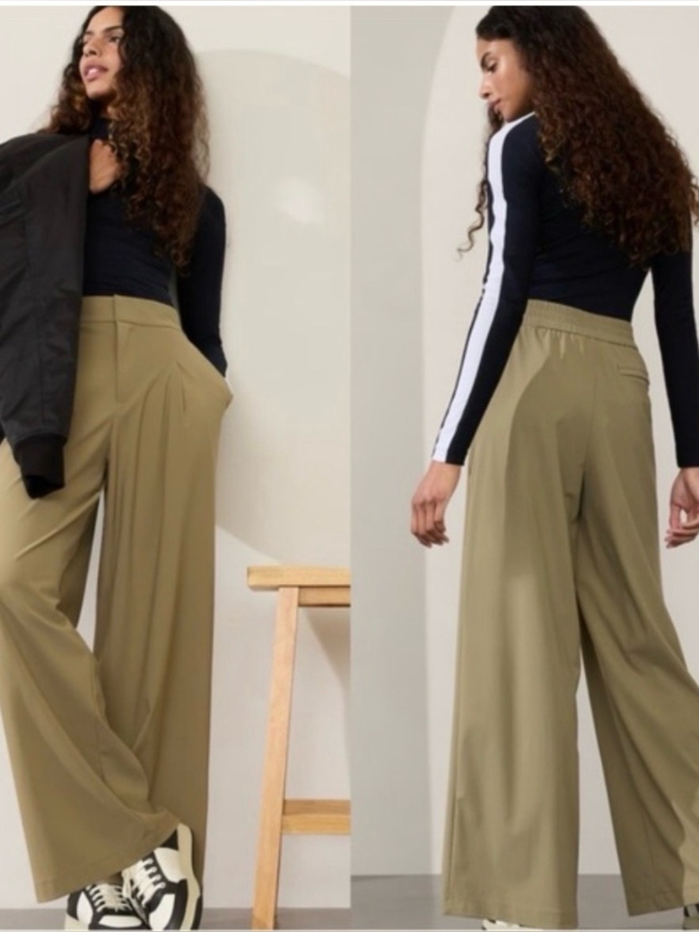 Athleta Pinnacle High Rise Wide Leg Trouser Olive Branch Khaki 2P NWOT - Picture 2 of 10